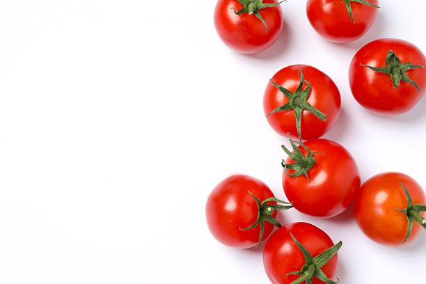 istock Flat lay composition with fresh cherry tomatoes on white background. Ripe vegetables 2251728178