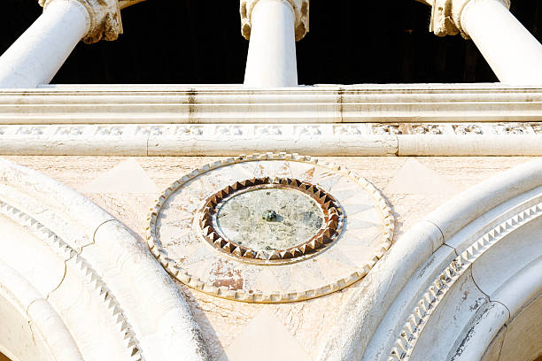 Italy, Venice - July 09, 2017: Close-up view of horoscope on blue clock face of St Mark's Clocktower (Italian: Torre dell'Orologio) in a sunny day. Soft focus. Italian architecture and culture theme.