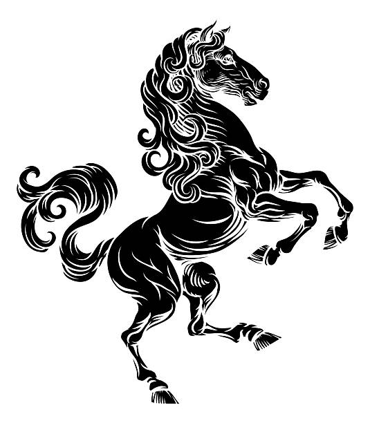 A horse animal for a crest in rampant pose. Heraldic coat of arms heraldry design element in a vintage illustration style.