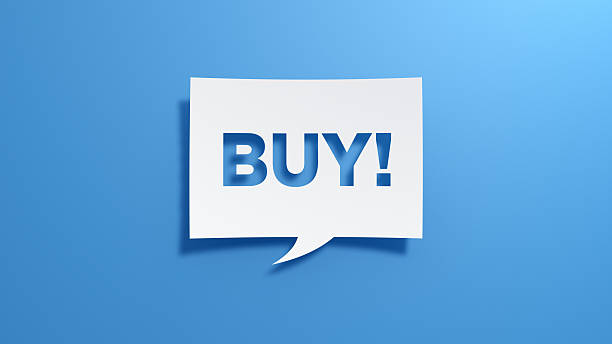 3D white paper cut-out speech bubble with the word BUY! on a smooth blue gradient background, featuring stencil-style lettering and soft shadows.