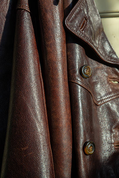 istock Vintage Leather Jacket Detail with Brass Button and Pocket Stitching Design 2251749473