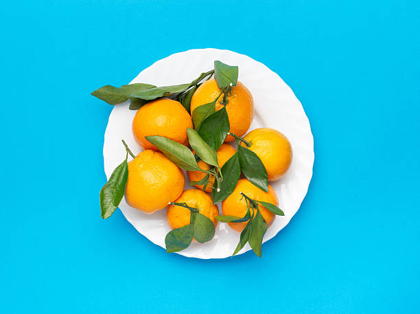 istock Fresh Oranges with Green Leaves on White Plate Against Bright Blue Background 2251759427