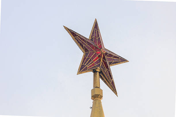 Day close view of the Kremlin star. Ruby stars are installed on the spires of the Moscow Kremlin towers.