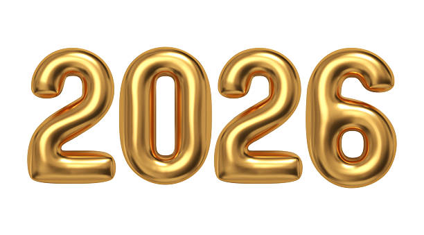 istock New Year 2026 text. Realistic golden 3d balloon numbers. Vector design. 2251764399