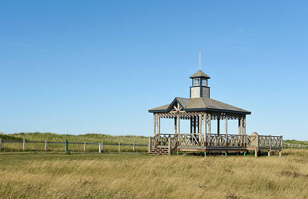 Wooden gazebo and footpath located near the beach of Fatima,  Iles De La Madeleine