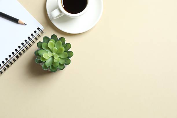 istock Office table with notebook, pencil, coffee cup and green plant, top view 2251772809