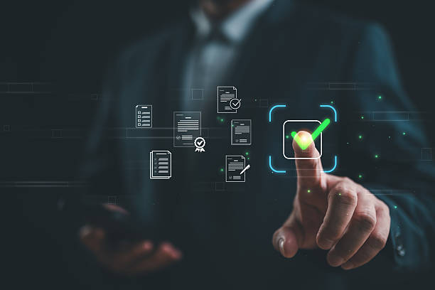istock Businessman touching approved document icon on digital documents for approve business project proposals. Quality assurance and online evaluation of business concept. 2251776792