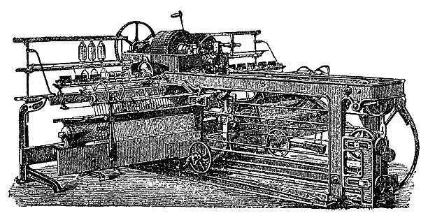 Self-actor mule spinning machine with automated carriage movement and spindle mechanisms, showing 19th century textile automation advancement and mechanical spinning innovation, old vintage illustration, 1895.