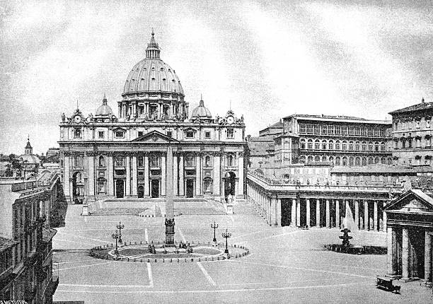 St. Peter's Basilica with dome, colonnade and obelisk in Vatican City, showing Renaissance-Baroque architecture and Catholic Church center documentation, old vintage illustration, 1895