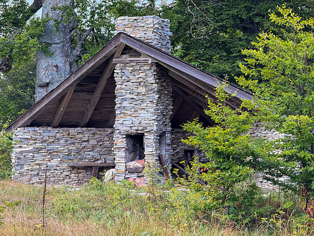 Part of rustic stone open shelter hut standing in woods, featuring open fireplace and wooden details. Ideal for outdoor living and nature concepts