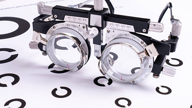 istock Eye astigmatism, vision health check with an optometrist. Trial frame for optical lens detection. 2251810031