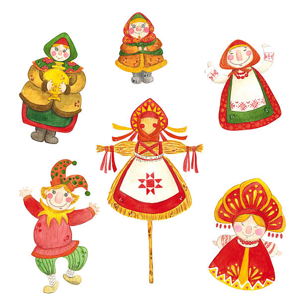 A set of bright characters for the Maslenitsa holiday. Watercolor illustration hand drawn in cartoon style. Maslenitsa, bright, cartoon, doll, ribbons, costume, sun, carnival, scamaroch, woman, child
