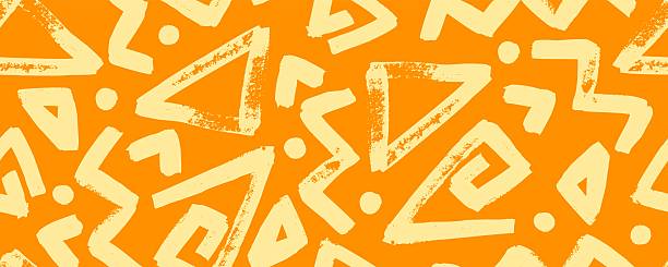 Vibrant seamless pattern showcasing hawaiian cultural motifs with geometric brush triangle grange maze zig zag organic ink wave elements in orange color ornament style vector artwork.