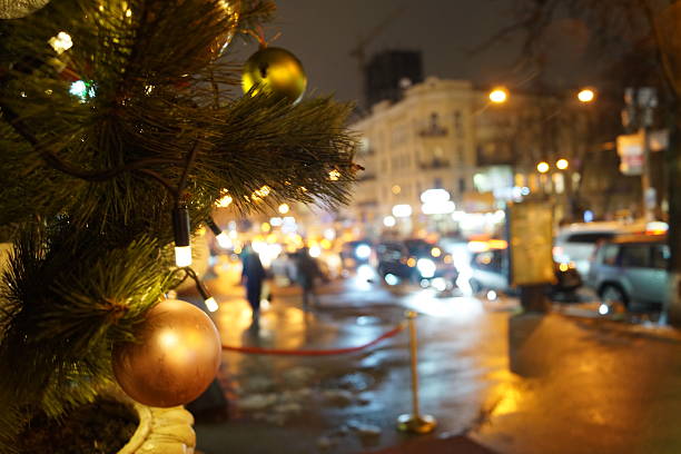 Christmas Tree Decorations with Warm Lights. Cozy Christmas Atmosphere with Tree Decorations. happy holiday. Merry christmas