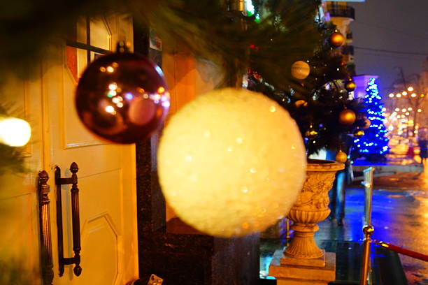 Christmas Tree Decorations with Warm Lights. Cozy Christmas Atmosphere with Tree Decorations. happy holiday. Merry christmas