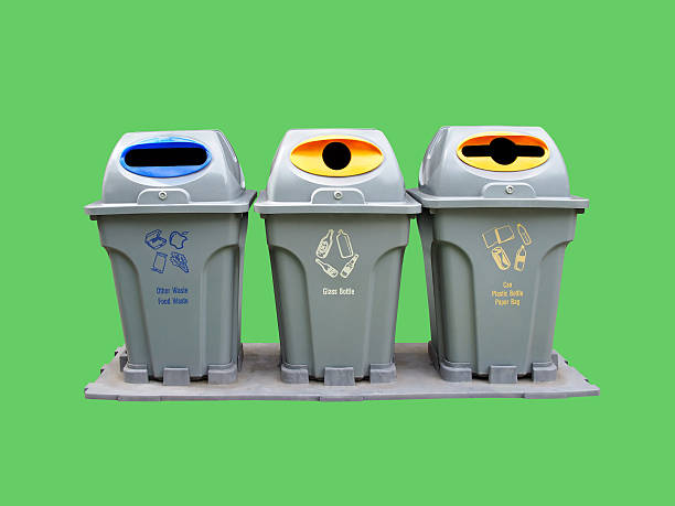 istock three gray recycling bins for waste separation isolated on green background 2251814671
