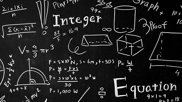 A captivating blackboard filled with mathematical equations, formulas, and concepts illustrating fundamental topics in education and science.