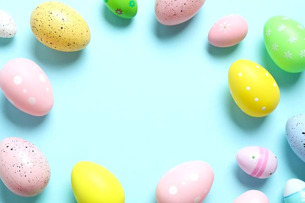 istock Happy Easter. Colorful eggs on color background, space for text or advertising 2251818408