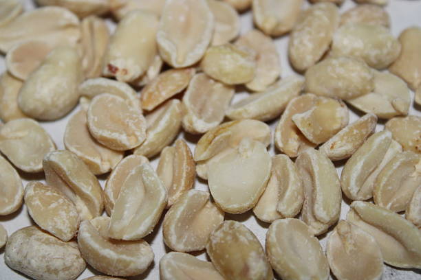 A collection of dry roasted peanuts sits on a flat surface. The kitchen is bright and organized. The peanuts vary in size and show light color.