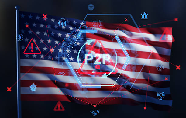 istock P2P financial technology concept with warning symbols over USA flag using double exposure digital interface style on dark background backdrop. 3D Rendering 2251819827