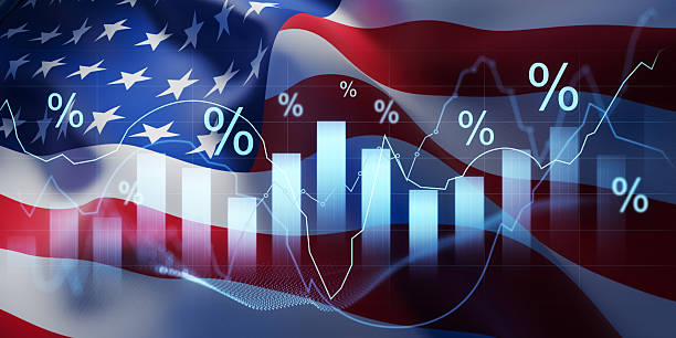 istock Economic data and interest rate chart concept with rising bar graph and percentage symbols over waving American flag background hologram style. 3D Rendering 2251819961