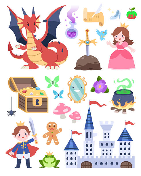Fairytale element vector illustration Flat style set of fairytale element vector illustration flame princess stock illustrations
