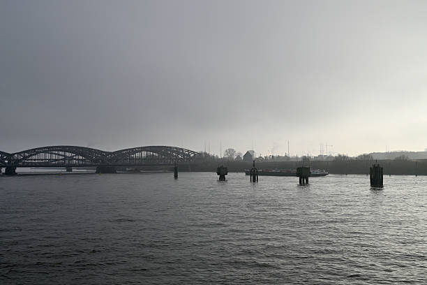 Panoramical view of Hamburg Hafencity. Backlight and sunlight. Old iron bridge and new Hafencity quarter.