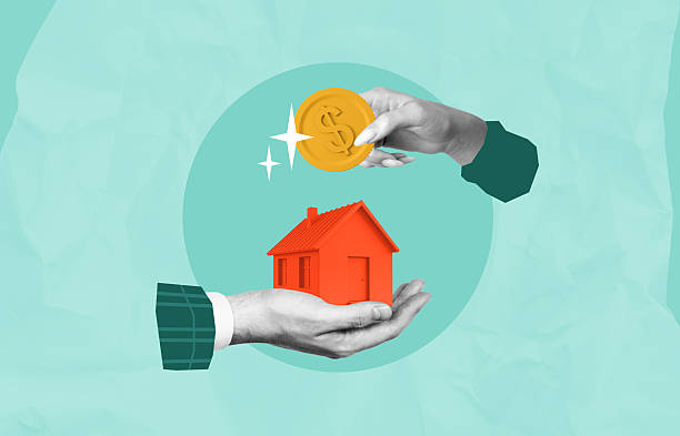 istock Hand exchanging gold coin for small red house held in another hand on turquoise background, representing real estate investment concept. 2251821450