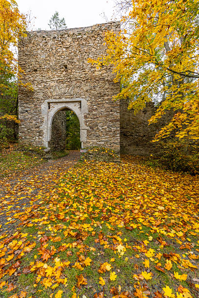 istock Stone ruin archway with fallen yellow autumn leaves 2251821547
