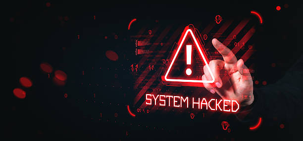 istock System hacked warning alert with hand touching digital red triangle on futuristic interface background in cyber attack concept scene. 2251821843