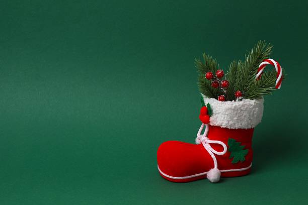 Christmas concept. Santa's boot on green background. Space for text