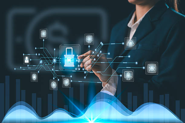 istock Business professional interacting glowing holographic lock connected through digital data flow icons representing cybersecurity secure networks data protection advanced information technology systems 2251831007