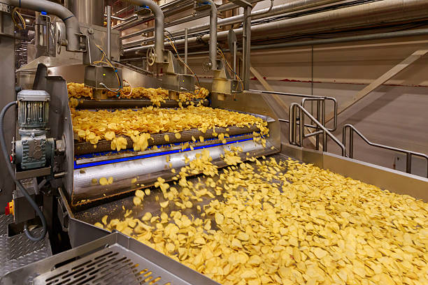 istock Potato golden chips are coming from fryer machine. 2251839664