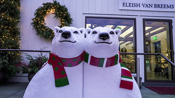 Westport, CT, USA - December 13,2025: Evening Eleish Van Breems Home store front in downtown with two polar bears decoration outside.