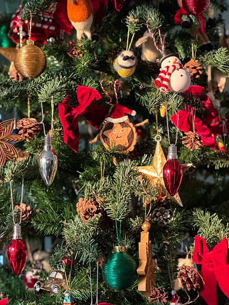 istock Image of artificial christmas tree with pine and spruce style needles, decorative baubles, festive ornaments, realistic fake evergreen, home decor 2251843620