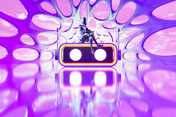 Humanoid Robots on Neon Lighting Road or Tunnel, Futuristic Technology Background. Digitally Generated Image. 3d Render.