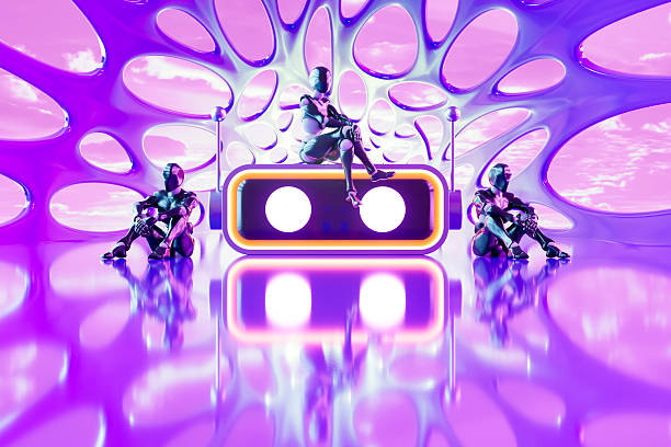 Humanoid Robots on Neon Lighting Road or Tunnel, Futuristic Technology Background. Digitally Generated Image. 3d Render.