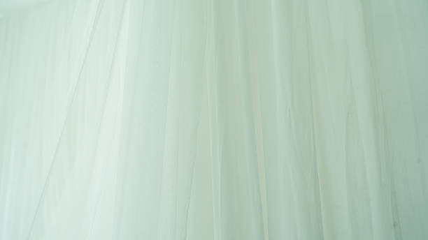 Soft, sheer fabric drapes gracefully, creating ethereal atmosphere in bright space. delicate texture and light color evoke sense of tranquility and elegance