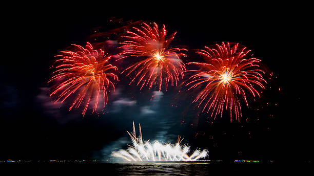 istock Amazing beautiful colorful firework display over sea on celebration night. Fireworks show for happy new year 2251847005