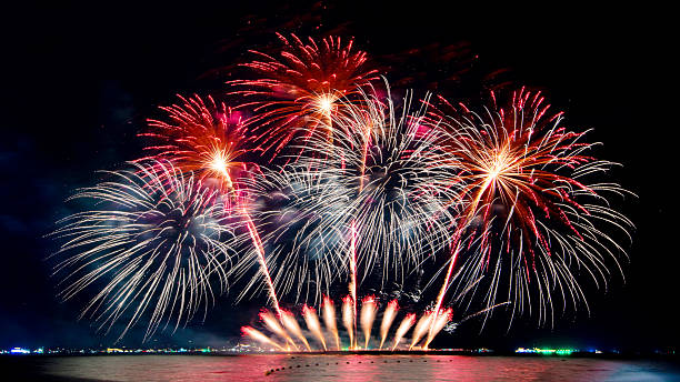 istock Amazing beautiful colorful firework display over sea on celebration night. Fireworks show for happy new year 2251847010