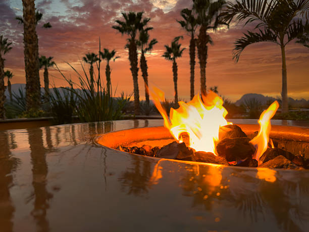 istock Glowing natural gas fire pit plus ceramic rocks with palm trees and mountains during lovely sunset 2251847046