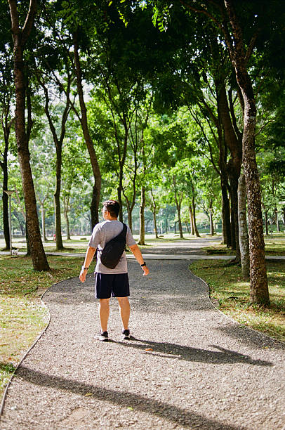 istock Asian male walking alone on tree-lined park path in morning light, Kuala Lumpur 2251847567