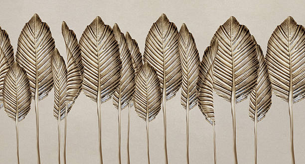 istock 3d Drawing , golden, tree leaves feathers on light beige background. 3d canvas wall art for wall decor artwork 2251851809