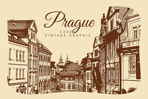 City ancient architecture, Prague, Czech Republic. Vintage brown and beige graphics, engraved, vector. Old retro design.