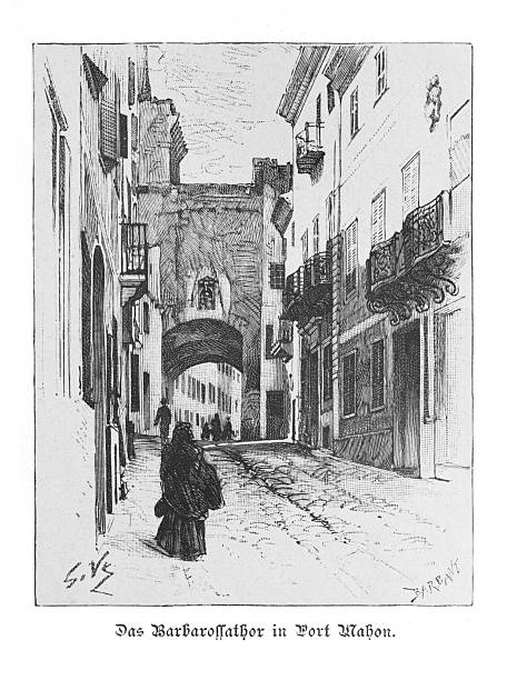 Historical black and white illustration of the Barbarossathor city gate, a street with tall buildings, and a solitary figure in the foreground.