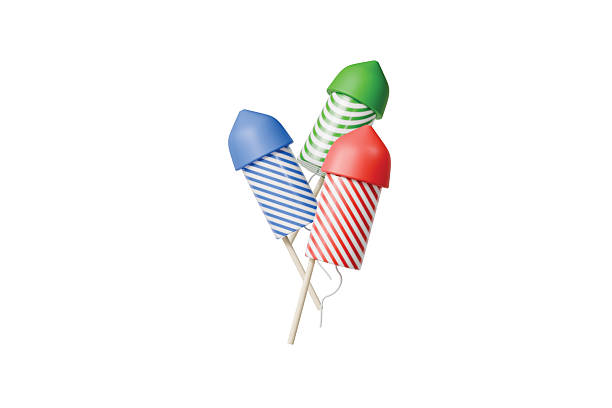3d striped rocket fireworks icon. celebration party concept. minimal cartoon firecracker confetti gold stars streamers for holiday banner. isolated on white background. 3d render.