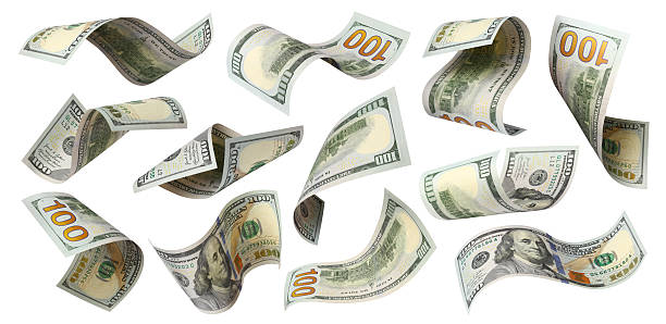 istock Set of flying 100 dollars banknotes, isolated on white background 2251863464