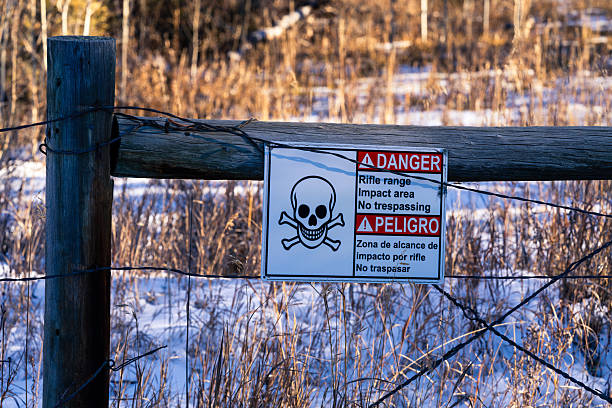 Skull and crossbones warning sign to keep out of prvate property. Winter scene with fence and snow with sign stating, \