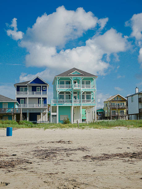 istock Sandy shoreline dotted blue trash barrel, brown algae, scattered Sargassum seaweed stretches toward elevated homes. Blends natural debris, utility placement, residential backdrop, Galveston, TX 2251876961