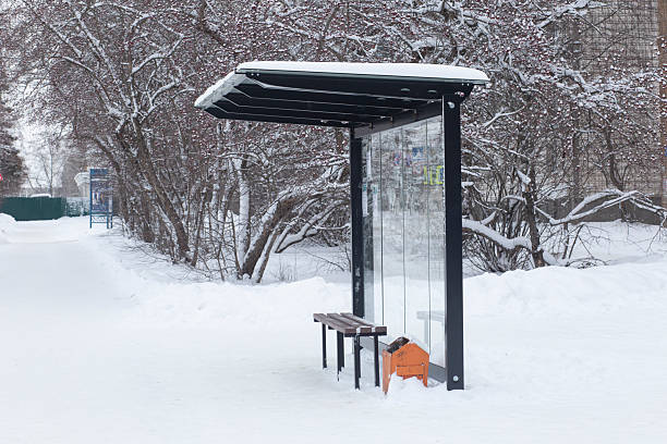 Bus stop in winter. Transportation in winter.